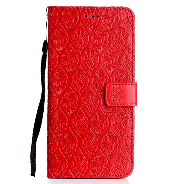 Imprint Leaf Leather Wallet Stand Phone Case for LG G7 ThinQ - Red