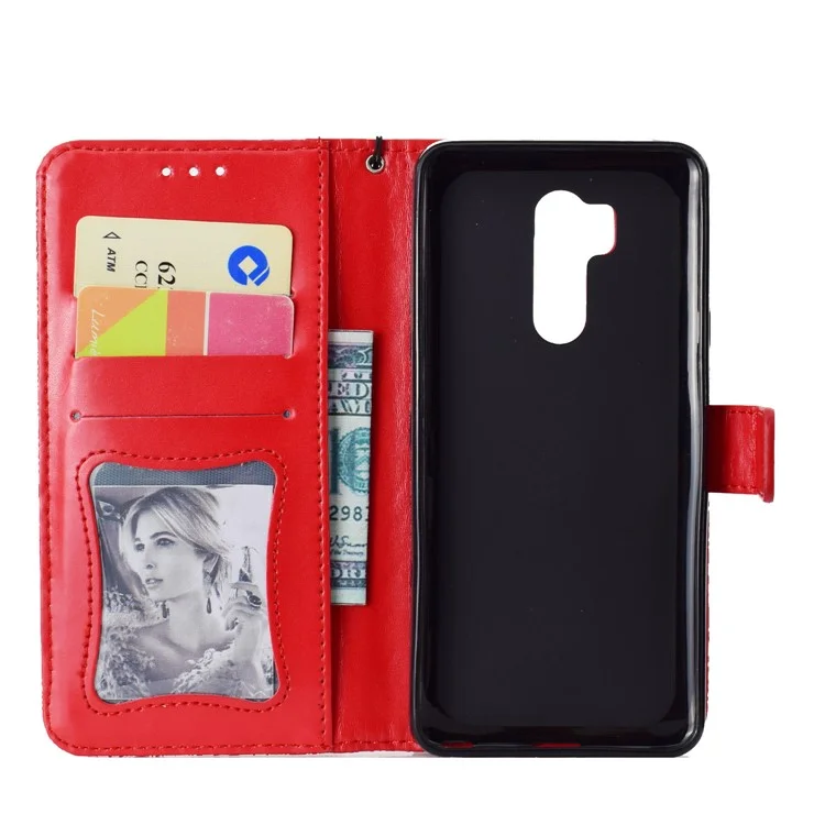 Imprint Leaf Leather Wallet Stand Phone Case for LG G7 ThinQ - Red