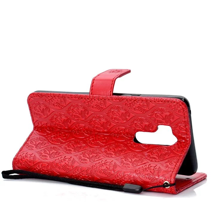Imprint Leaf Leather Wallet Stand Phone Case for LG G7 ThinQ - Red