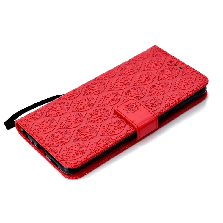 Imprint Leaf Leather Wallet Stand Phone Case for LG G7 ThinQ - Red