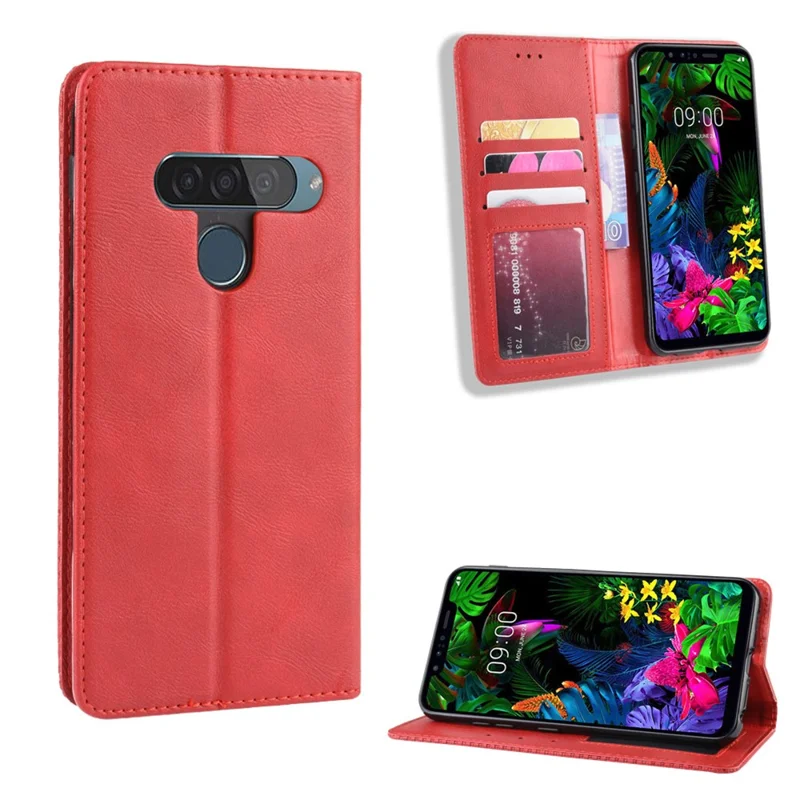 Vintage Style Leather Wallet Phone Shell Case para LG G8s ThinQ - Vermelho