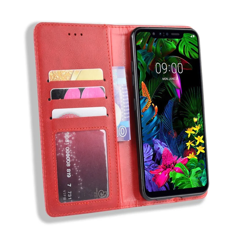 Vintage Style Leather Wallet Phone Shell Case para LG G8s ThinQ - Vermelho