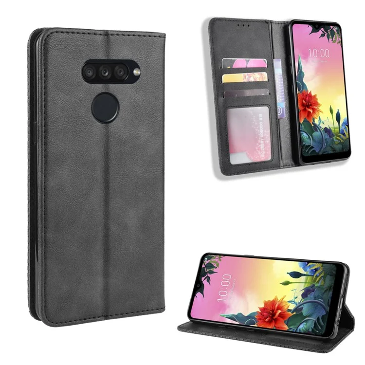 Retro Style PU Leather Stand Wallet Protective Cell Phone Case for LG K50S - Black