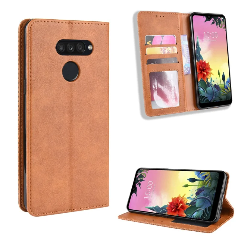 Retro Style PU Leather Stand Wallet Protective Cell Phone Case for LG K50S - Brown