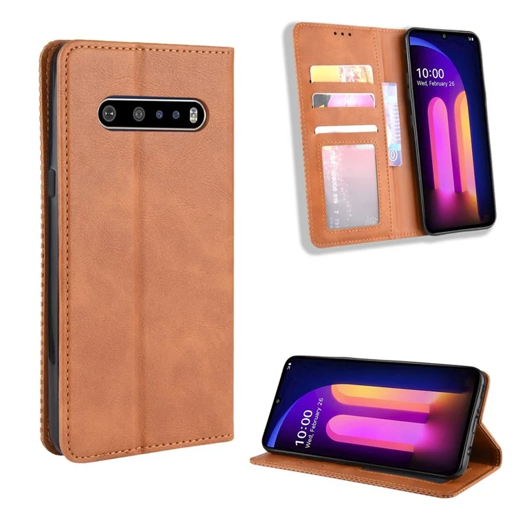 Auto-absorbed Retro Leather Wallet Phone Cover für LG V60 ThinQ 5G - Braun