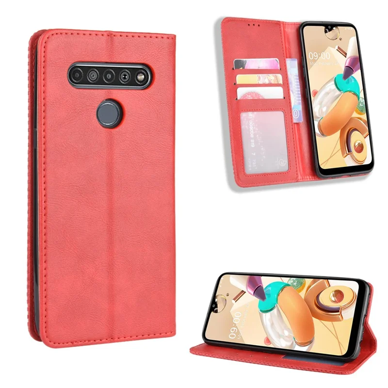Etui skórzane retro z portfelem i podstawką magnetyczną na LG K51S/K41S - Czerwony
