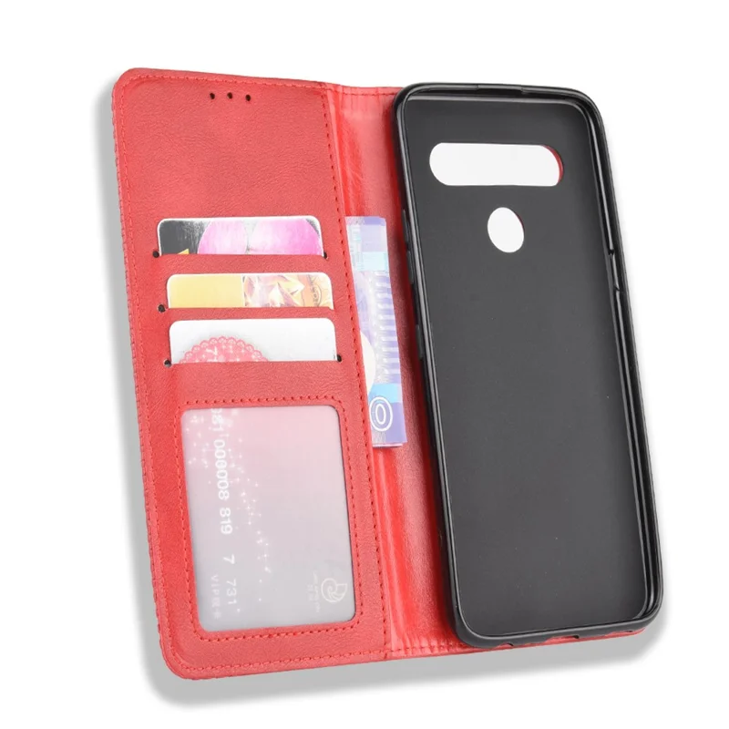 Etui skórzane retro z portfelem i podstawką magnetyczną na LG K51S/K41S - Czerwony