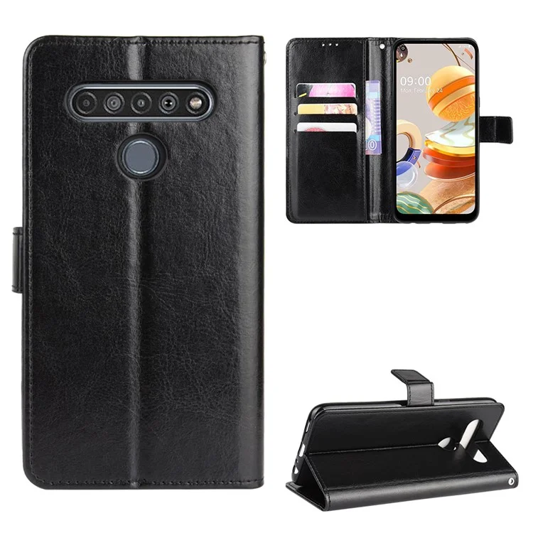 Crazy Horse Wallet Stand Кожаный Чехол с Ремешком Для LG K61 - Черный