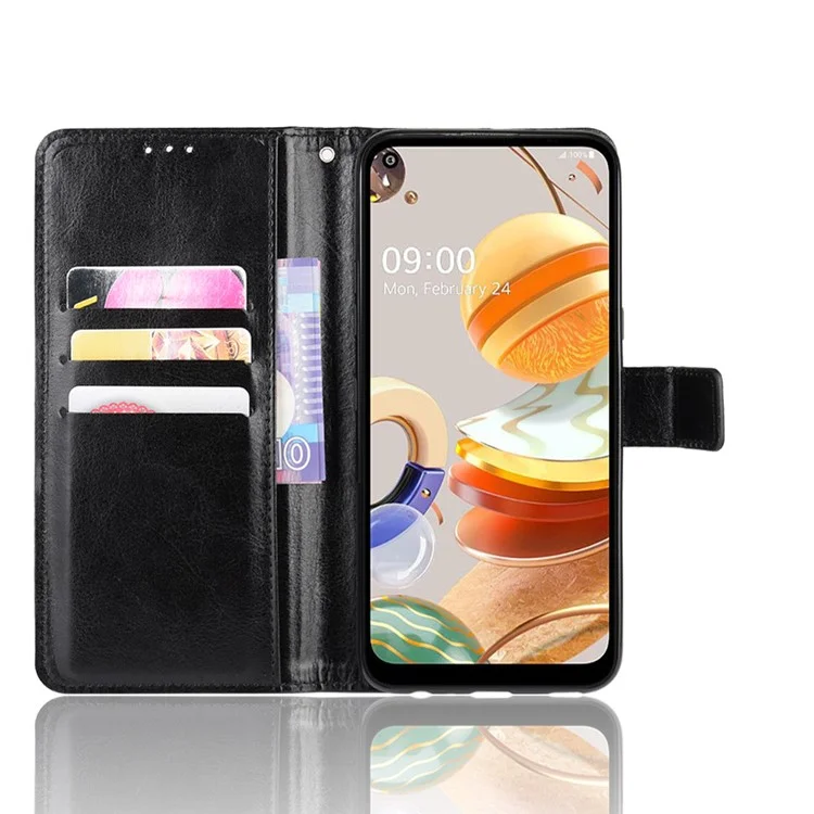 Crazy Horse Wallet Stand Кожаный Чехол с Ремешком Для LG K61 - Черный