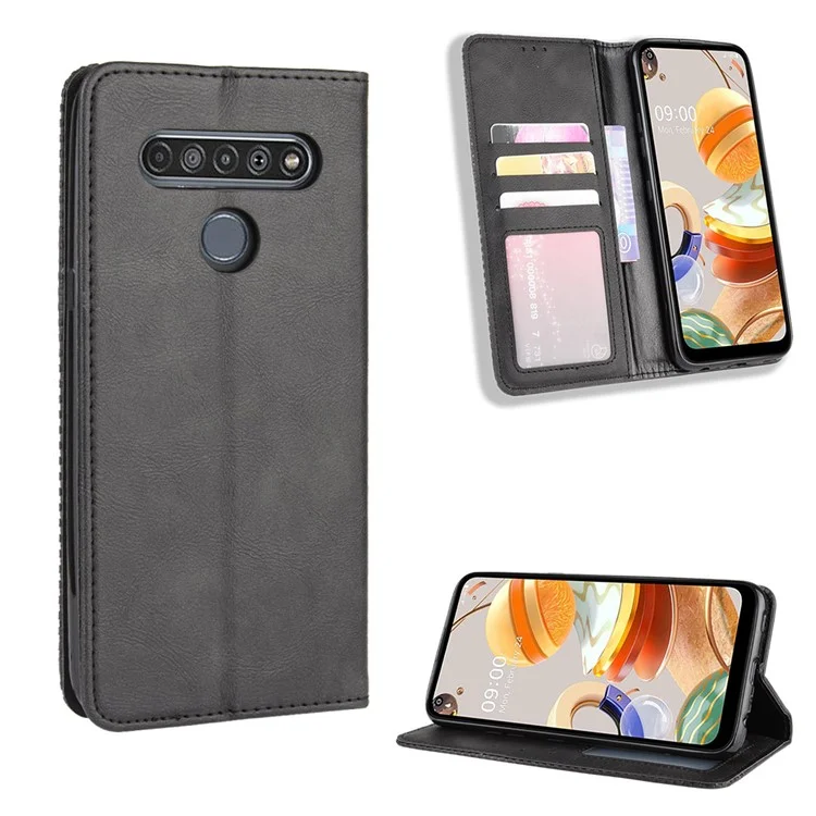 Auto-absorbed Retro Leather Wallet Stand Shell for LG K61 - Black