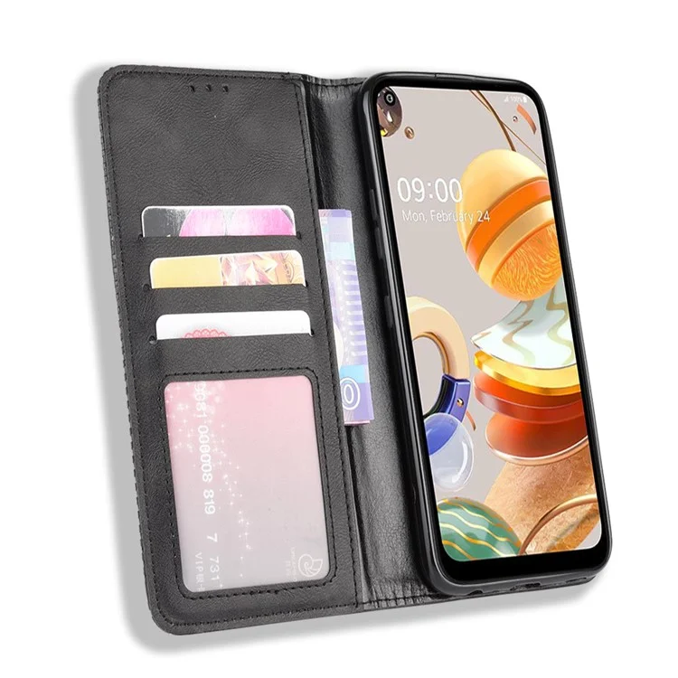 Auto-absorbed Retro Leather Wallet Stand Shell for LG K61 - Black