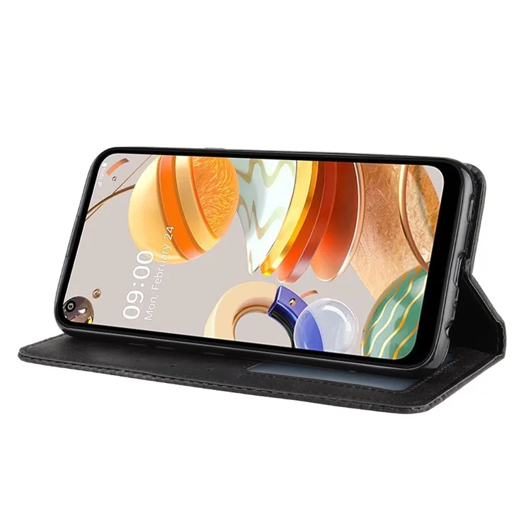 Auto-absorbed Retro Leather Wallet Stand Shell for LG K61 - Black