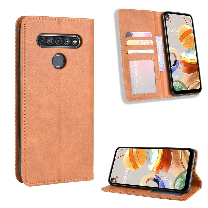 Auto-absorbed Retro Leather Wallet Stand Shell for LG K61 - Brown