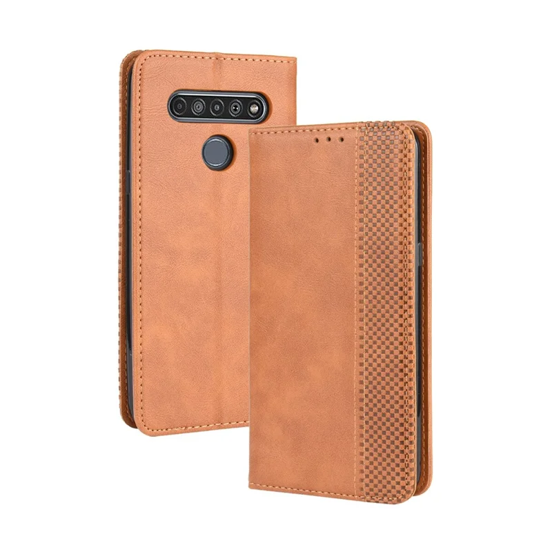 Auto-absorbed Retro Leather Wallet Stand Shell for LG K61 - Brown