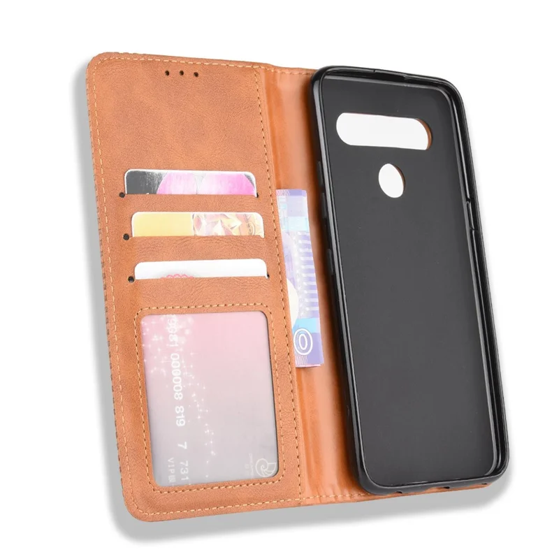 Auto-absorbed Retro Leather Wallet Stand Shell for LG K61 - Brown