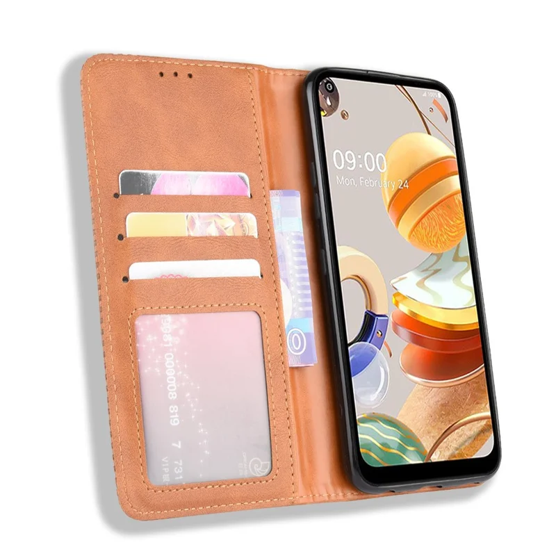 Auto-absorbed Retro Leather Wallet Stand Shell for LG K61 - Brown