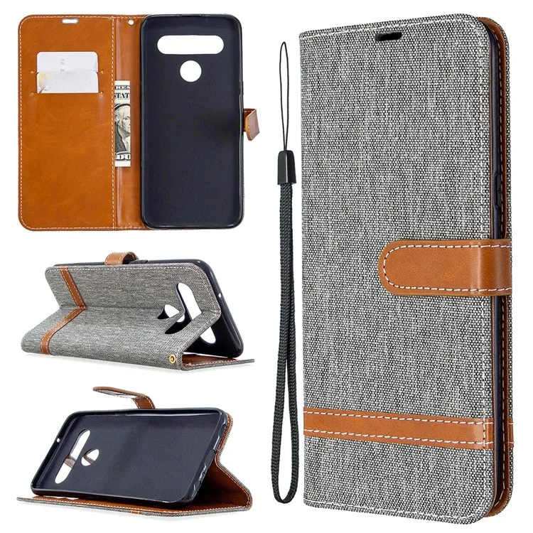 Color Splicing Jeans Cloth Skin Wallet Leather Phone Shell for LG K61 - Grey