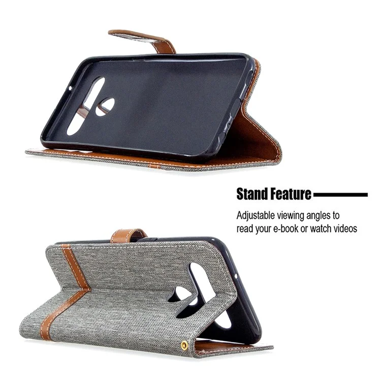 Color Splicing Jeans Cloth Skin Wallet Leather Phone Shell for LG K61 - Grey