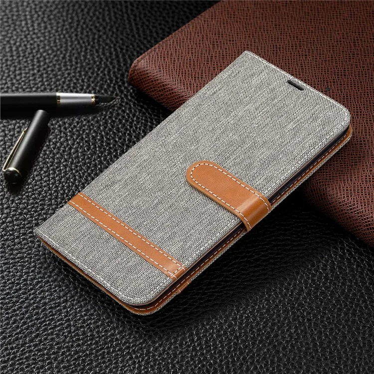 Color Splicing Jeans Cloth Skin Wallet Leather Phone Shell for LG K61 - Grey