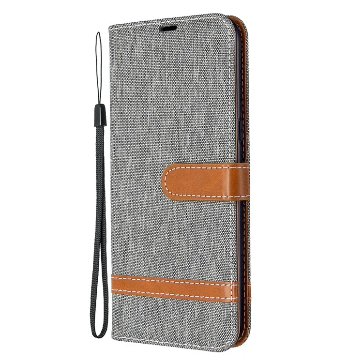 Color Splicing Jeans Cloth Skin Wallet Leather Phone Shell for LG K61 - Grey