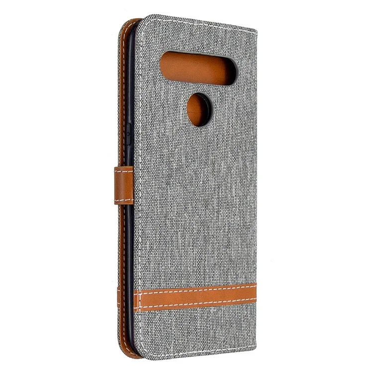 Color Splicing Jeans Cloth Skin Wallet Leather Phone Shell for LG K61 - Grey