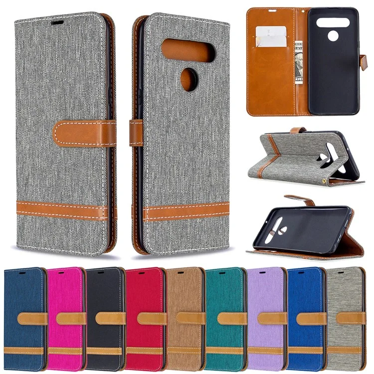 Color Splicing Jeans Cloth Skin Wallet Leather Phone Shell for LG K61 - Grey