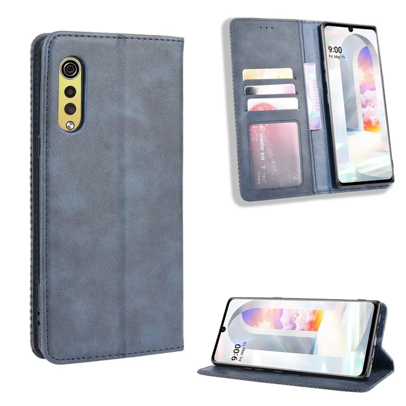 Auto-absorbed Retro PU Leather Shell Wallet Cell Phone Cover for LG Velvet - Blue