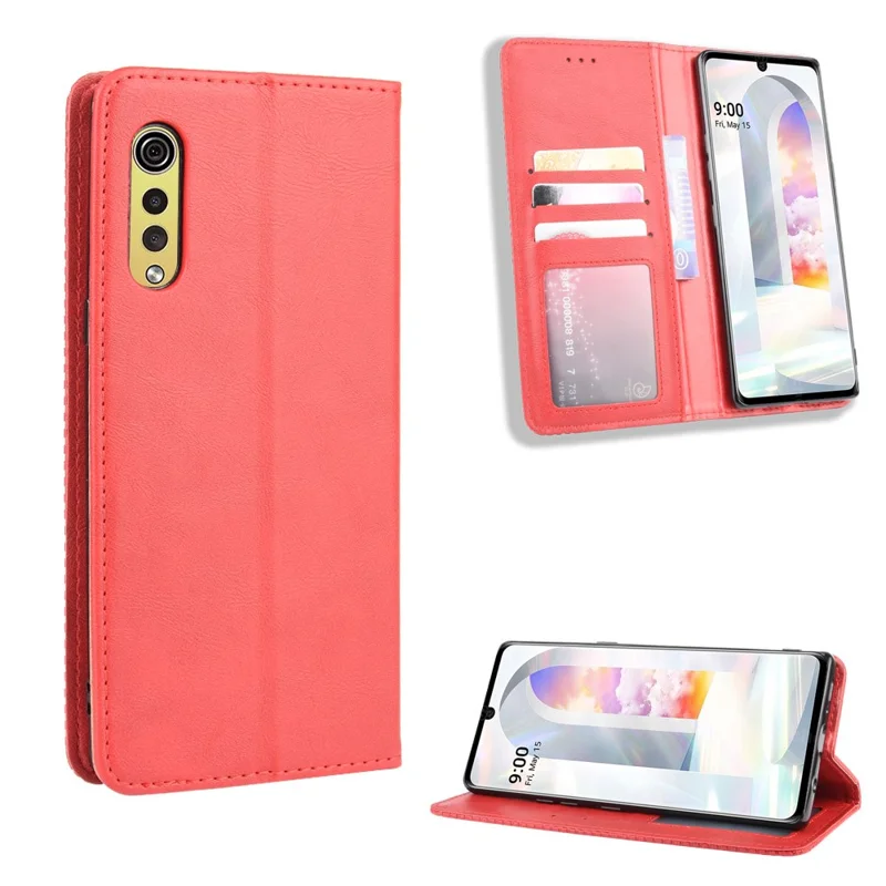 Auto-absorbed Retro PU Leather Shell Wallet Cell Phone Cover for LG Velvet - Red