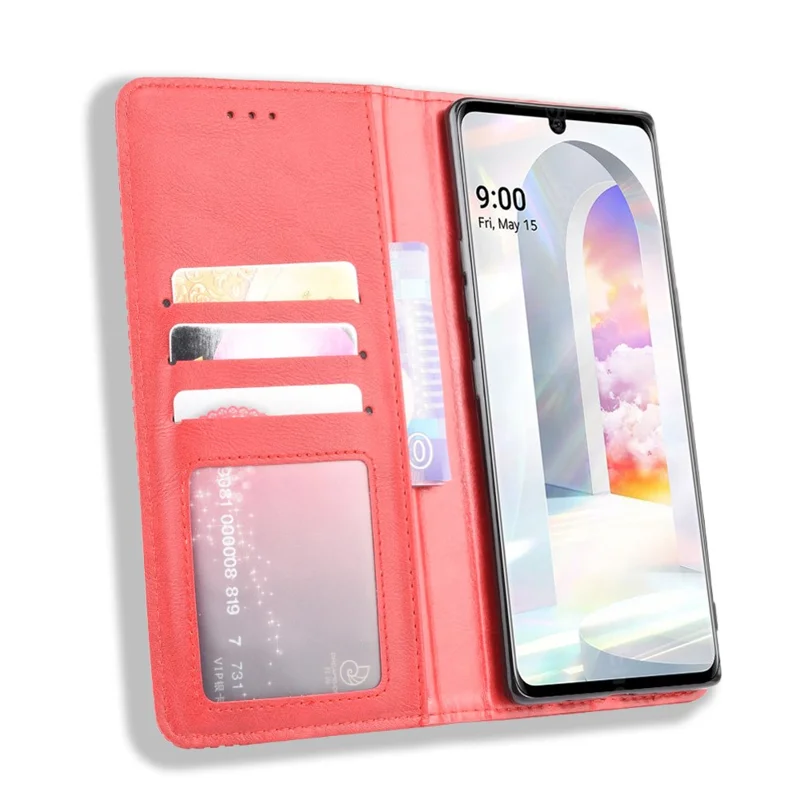 Auto-absorbed Retro PU Leather Shell Wallet Cell Phone Cover for LG Velvet - Red