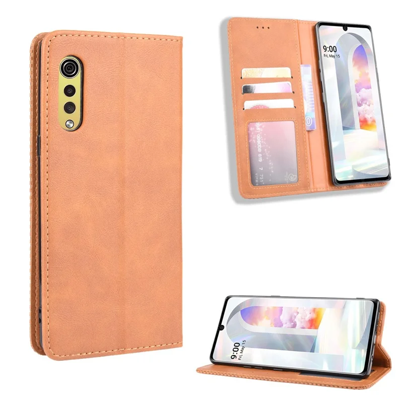 Auto-absorbed Retro PU Leather Shell Wallet Cell Phone Cover for LG Velvet - Brown