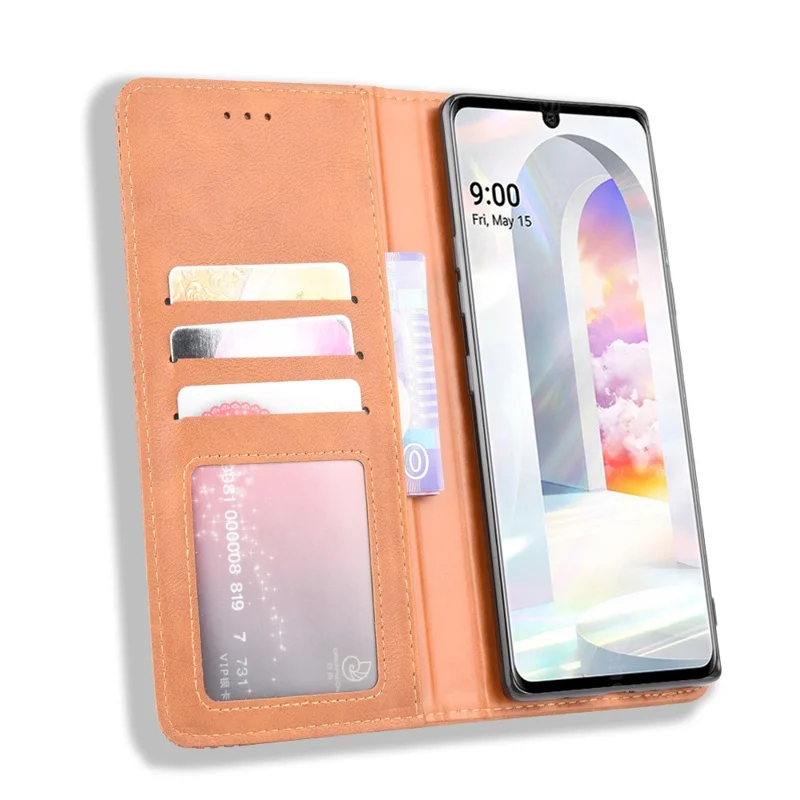 Auto-absorbed Retro PU Leather Shell Wallet Cell Phone Cover for LG Velvet - Brown