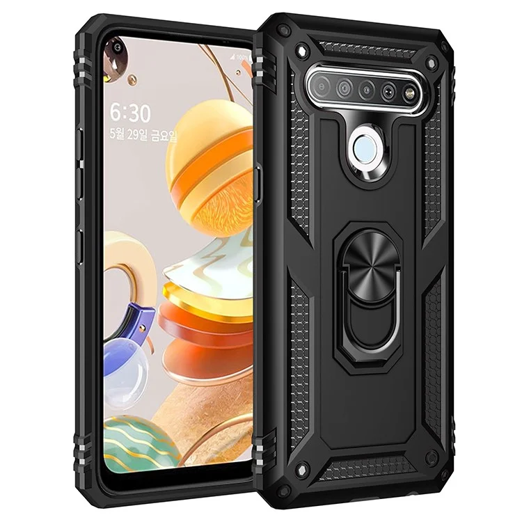 Funda híbrida de carcasa de PC + TPU con soporte de anillo para LG K61 - Negro