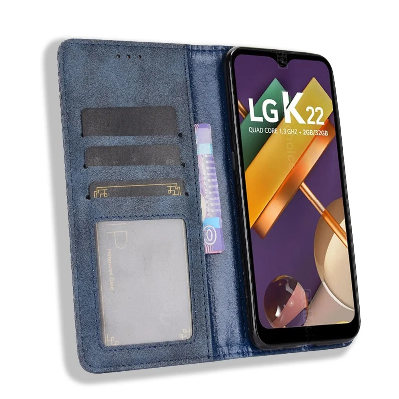 جراب هاتف بتصميم كلاسيكي مغناطيسي لهاتف LG K22، جراب جلد بحامل - أزرق