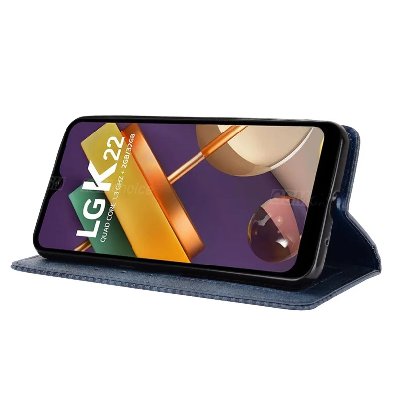 جراب هاتف بتصميم كلاسيكي مغناطيسي لهاتف LG K22، جراب جلد بحامل - أزرق