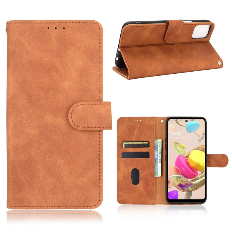 Skin-Touch-Feeling Folio Flip Leather Wallet Stand Phone Case for LG K42 - Brown