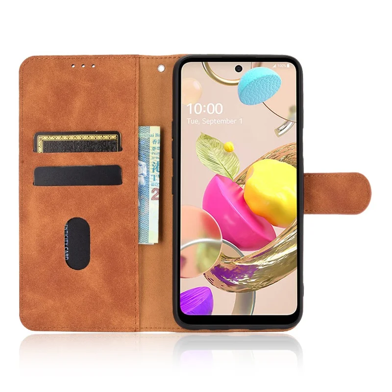 Skin-Touch-Feeling Folio Flip Leather Wallet Stand Phone Case for LG K42 - Brown