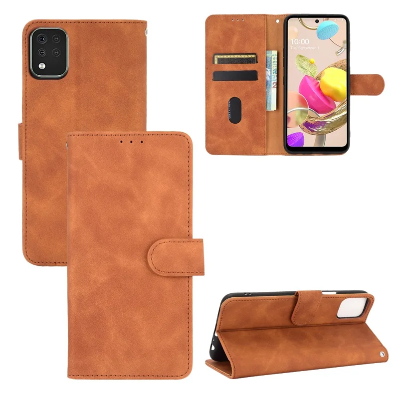 Skin-Touch-Feeling Folio Flip Leather Wallet Stand Phone Case for LG K42 - Brown