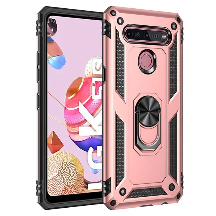 Hybrid PC + TPU Anti-drop Phone Case with Ring Kickstand for LG K51S - Rose Gold