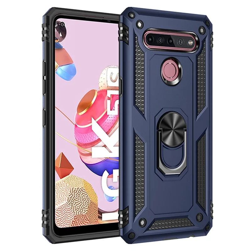 Étui de protection hybride PC + TPU anti-chute avec support anneau pour LG K51S - Bleu