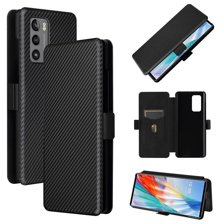 Capa Magnética de Fibra de Carbono para Telefone com Fivela + Porta-Cartões + Alça de Anel para LG Wing 5G - Preto