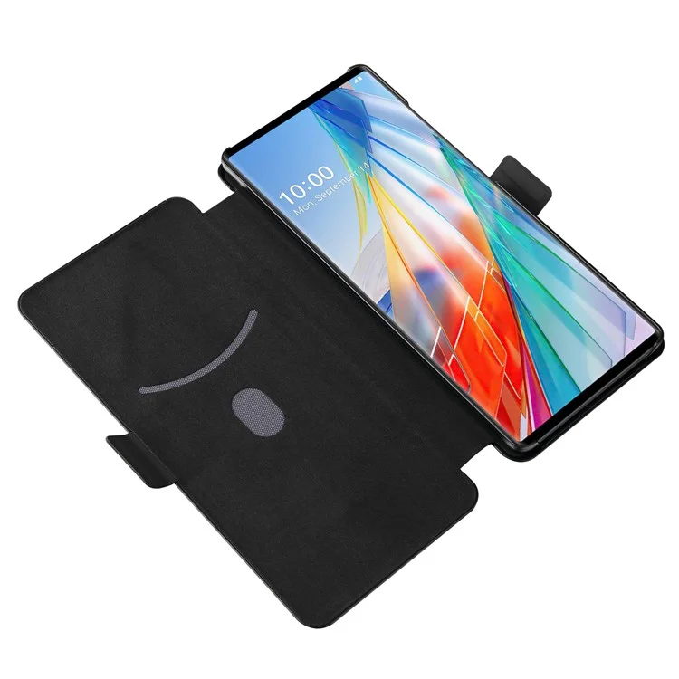 Capa Magnética de Fibra de Carbono para Telefone com Fivela + Porta-Cartões + Alça de Anel para LG Wing 5G - Preto