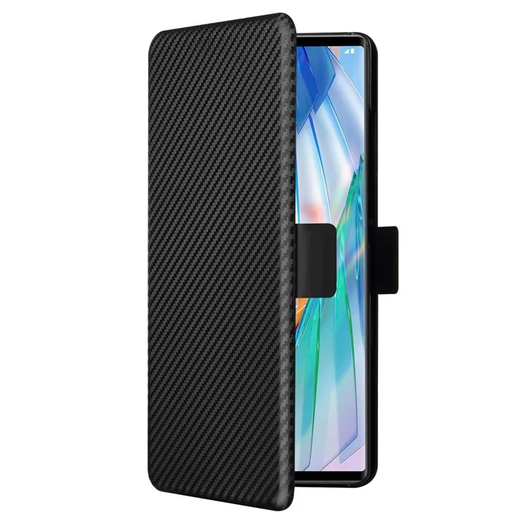 Capa Magnética de Fibra de Carbono para Telefone com Fivela + Porta-Cartões + Alça de Anel para LG Wing 5G - Preto