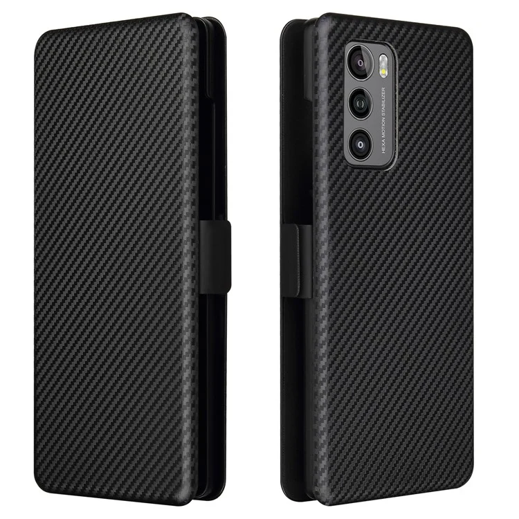 Capa Magnética de Fibra de Carbono para Telefone com Fivela + Porta-Cartões + Alça de Anel para LG Wing 5G - Preto
