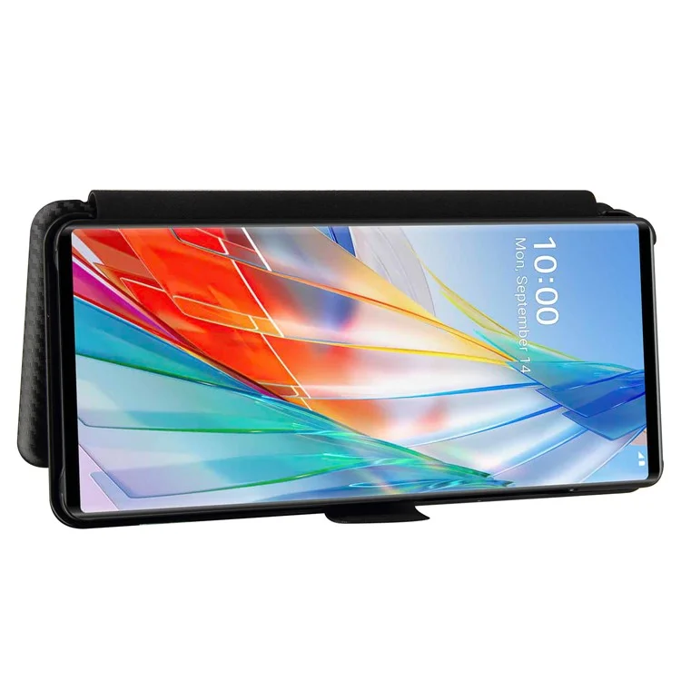 Capa Magnética de Fibra de Carbono para Telefone com Fivela + Porta-Cartões + Alça de Anel para LG Wing 5G - Preto