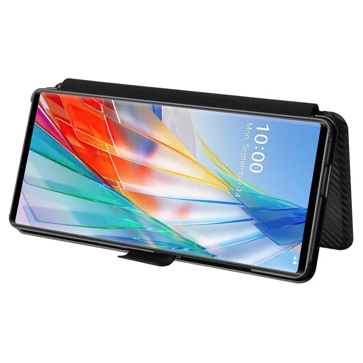 Capa Magnética de Fibra de Carbono para Telefone com Fivela + Porta-Cartões + Alça de Anel para LG Wing 5G - Preto