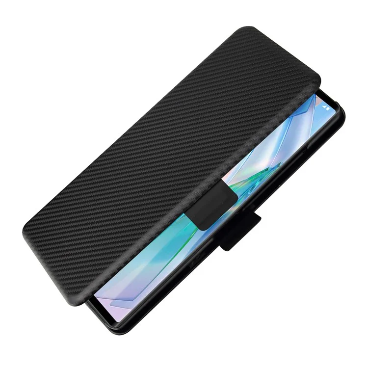 Capa Magnética de Fibra de Carbono para Telefone com Fivela + Porta-Cartões + Alça de Anel para LG Wing 5G - Preto