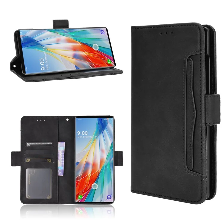 Phone Protective Cover Stand Leather Case with Multiple Card Slots for LG Wing 5G - Black