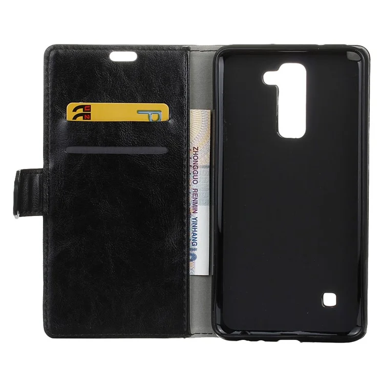 Crazy Horse Leather Case Wallet Protector for LG K8 - Black