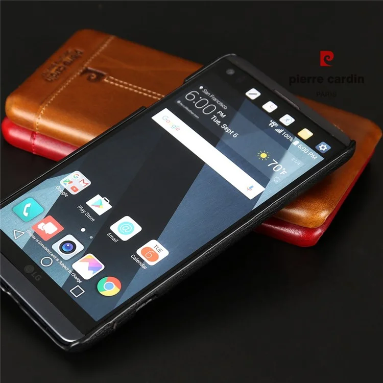 PIERRE CARDIN for LG V20 Stitched Genuine Leather Coated Plastic Case - Black