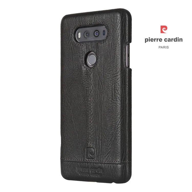 PIERRE CARDIN for LG V20 Stitched Genuine Leather Coated Plastic Case - Black